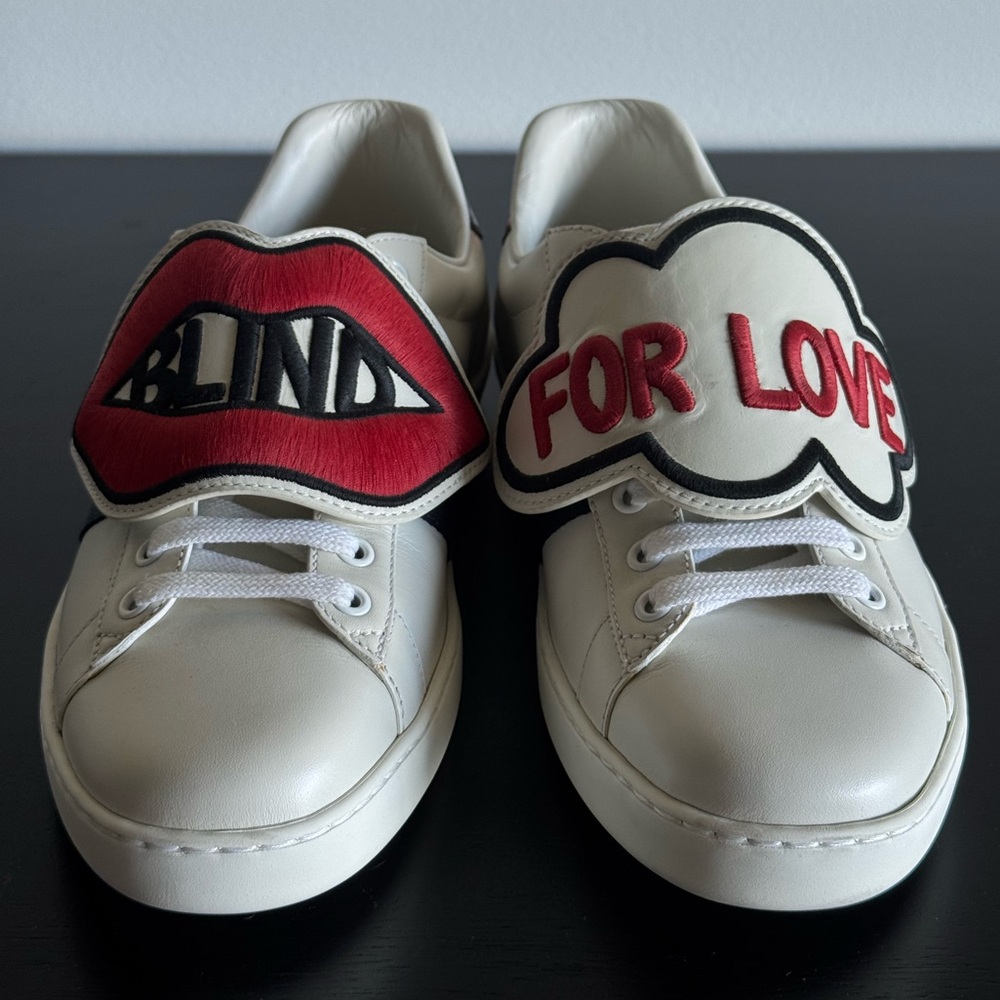 Gucci Ace Sneakers with Red and Blue Accents — Assorted patches included